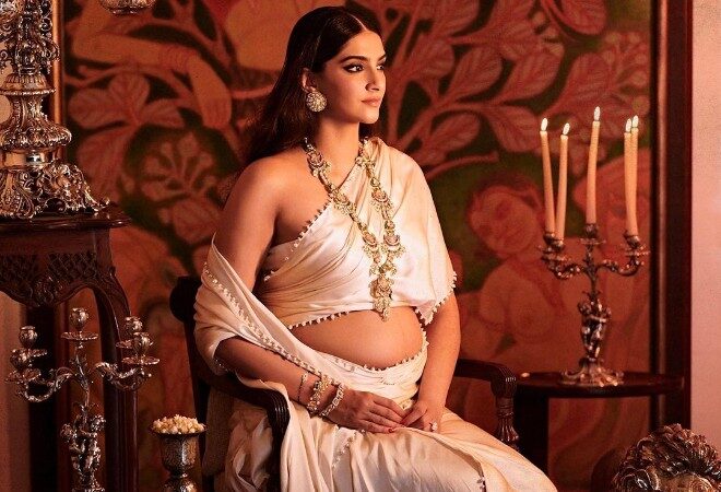 Sonam Kapoor flaunts baby bump in designer saree, see viral pictures from maternity photoshoot